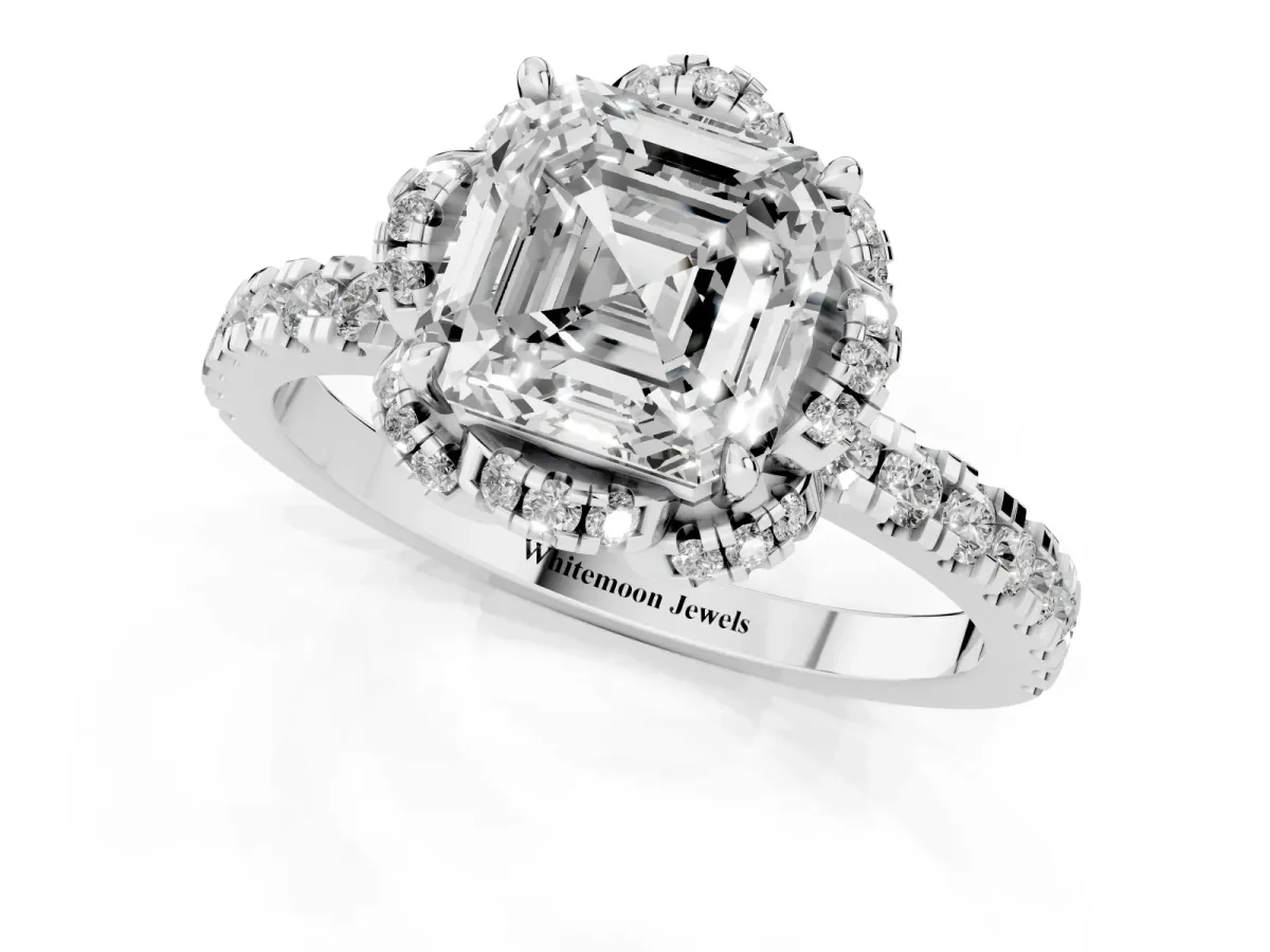 Asscher Cut Halo Diamond Pave Band Ring with Four-Prong Setting Silver