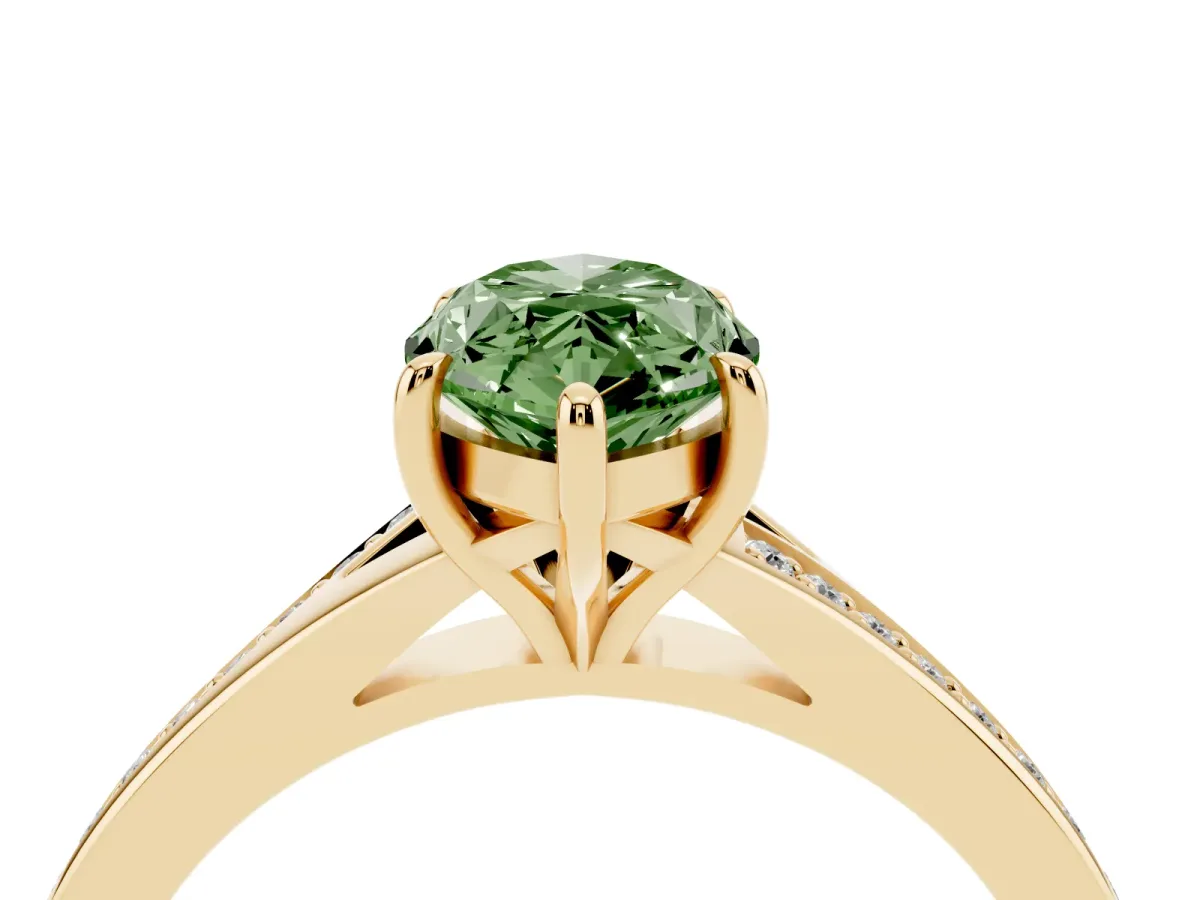 Fancy Green Marquise Cut Diamond Solitaire Ring with Pavé Band and Prong Setting Yellow gold