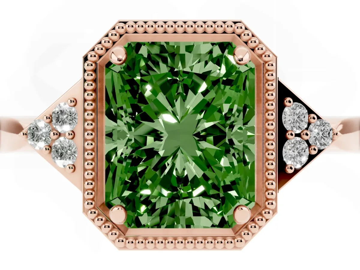 Fancy Green Radiant Cut Diamond Halo Ring with Tapered Band and Four-Prong Setting Rose gold