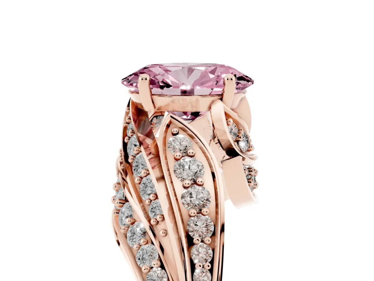 Fancy Pink Oval Cut Diamond Solitaire Ring with Prong Setting and Twisted Pavé Band Rose gold