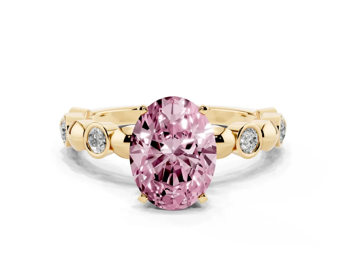 Fancy Pink Oval Cut Solitaire Bezel-Set Diamond Ring with Beaded Band and Four-Prong Setting Yellow gold