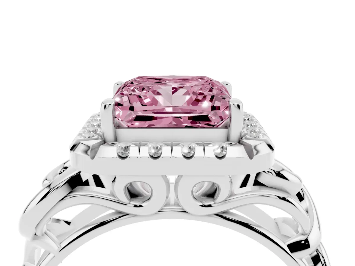 Fancy Pink Princess Cut Cut Halo Diamond Ring with Scrollwork Band and Four-Prong Setting Silver