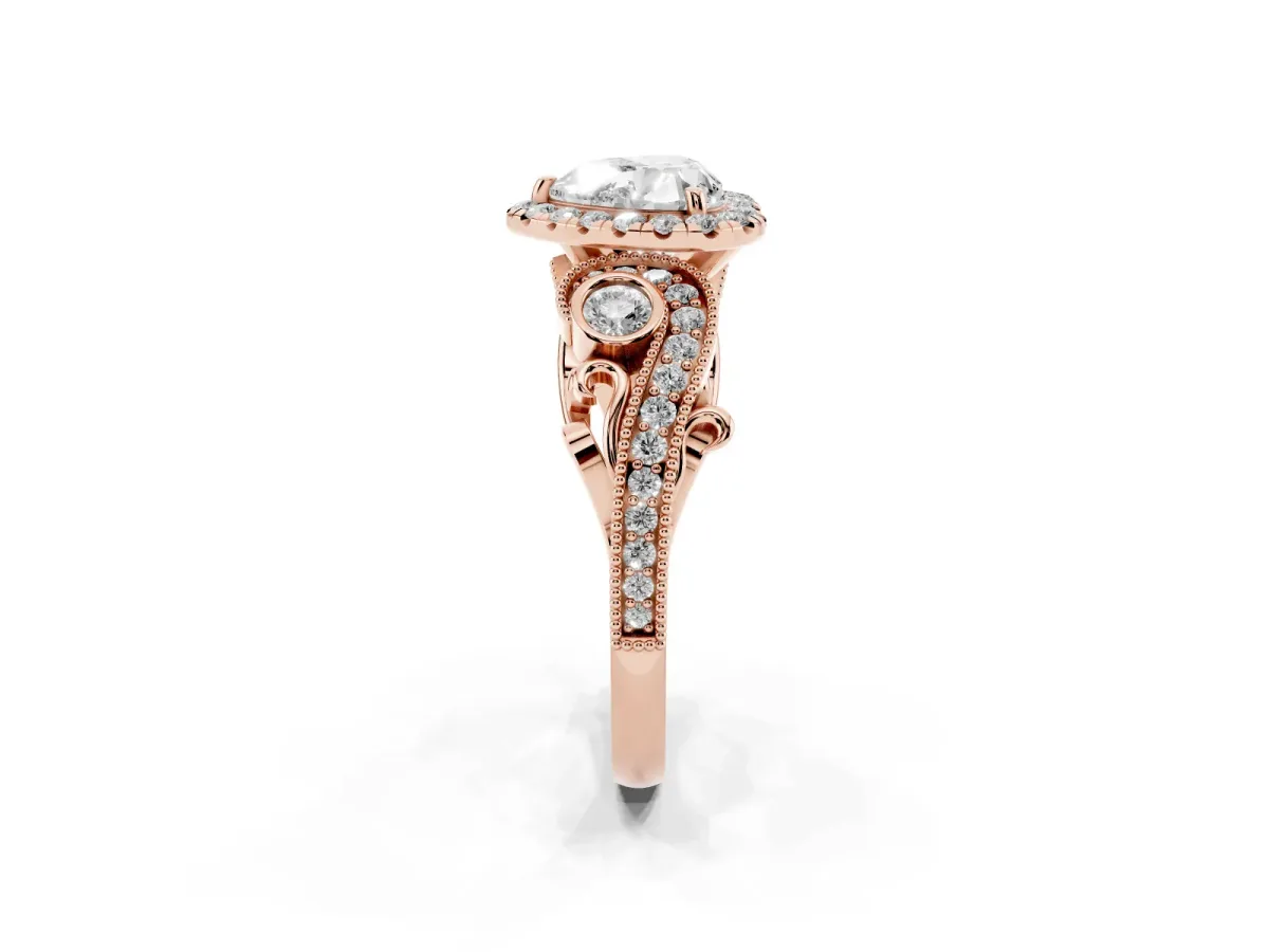 Heart Cut Halo Diamond Ring with Milgrain and Bezel Accents on a Split Shank Band Rose gold