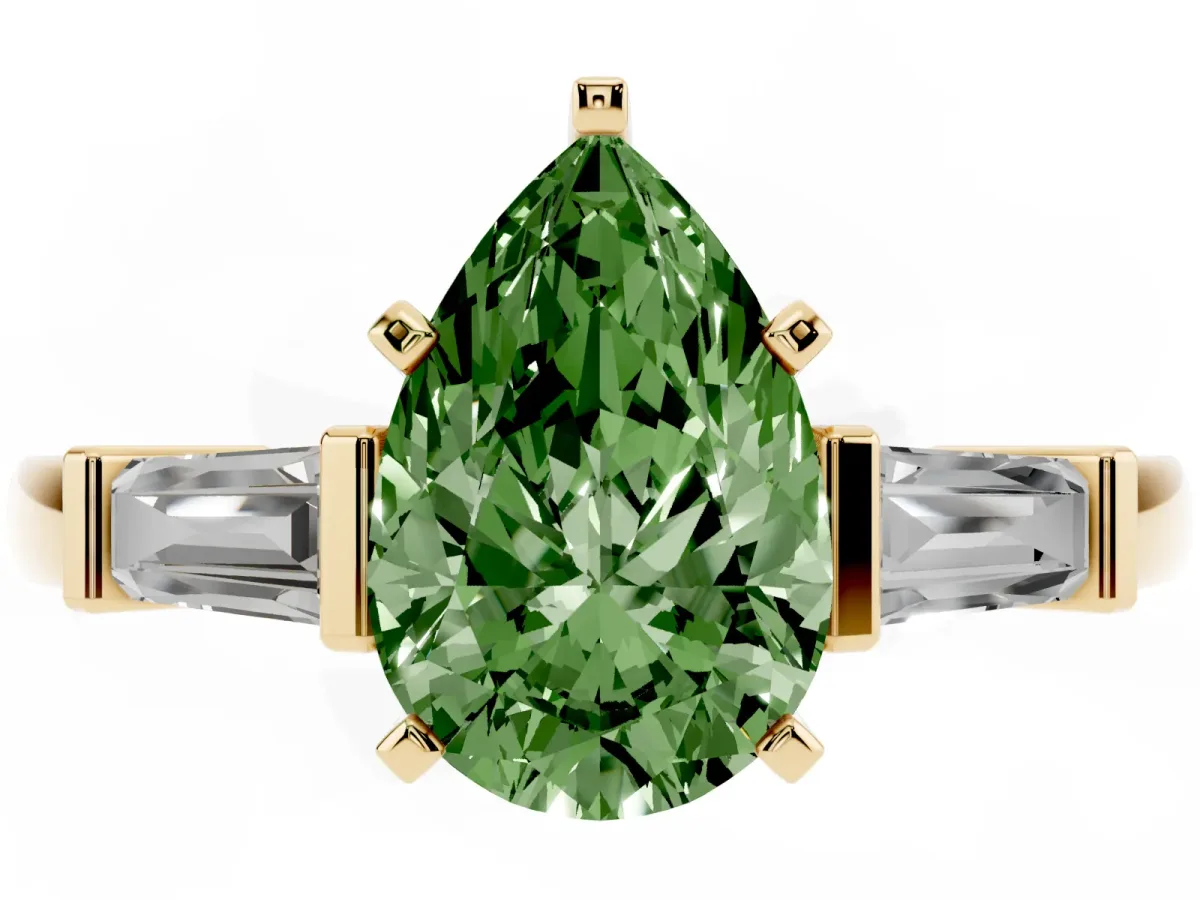 Fancy Green Pear Cut Cut Diamond Solitaire Ring with Tapered Baguette Accents and Four-Prong Setting Yellow gold