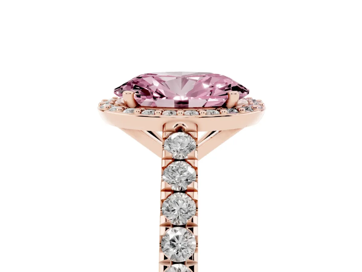 Fancy Pink Oval Cut Cut Halo Diamond Engagement Ring with Pave Band and Four-Prong Setting Rose gold