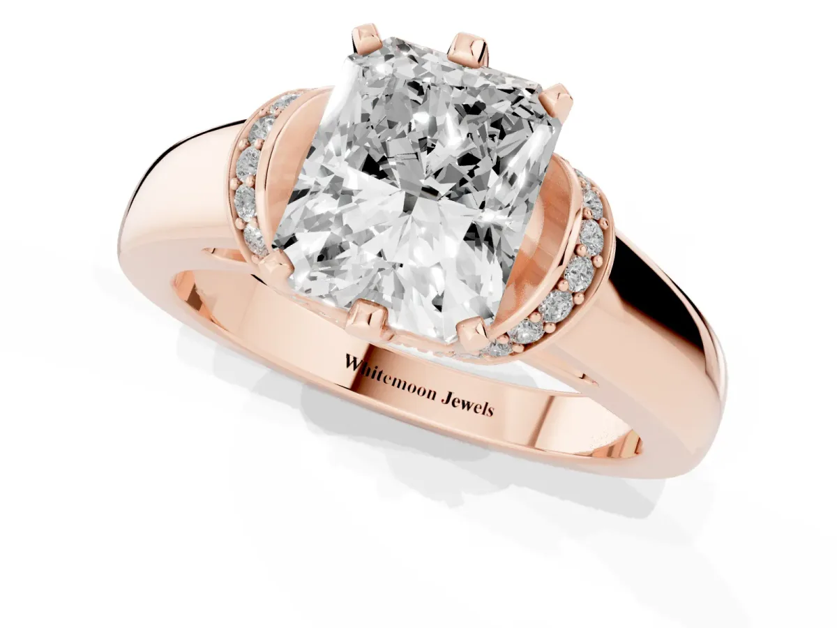 Radiant Cut Solitaire Diamond Ring with Pave Band and Six-Prong Setting Rose gold