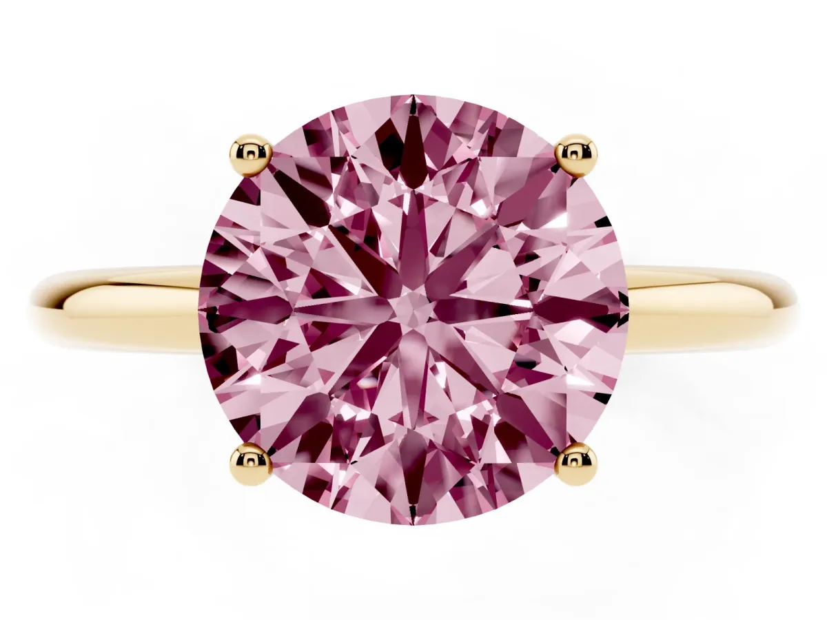 Fancy Pink Round Cut Cut Solitaire Engagement Ring with Four-Prong Setting and Classic Band Yellow gold