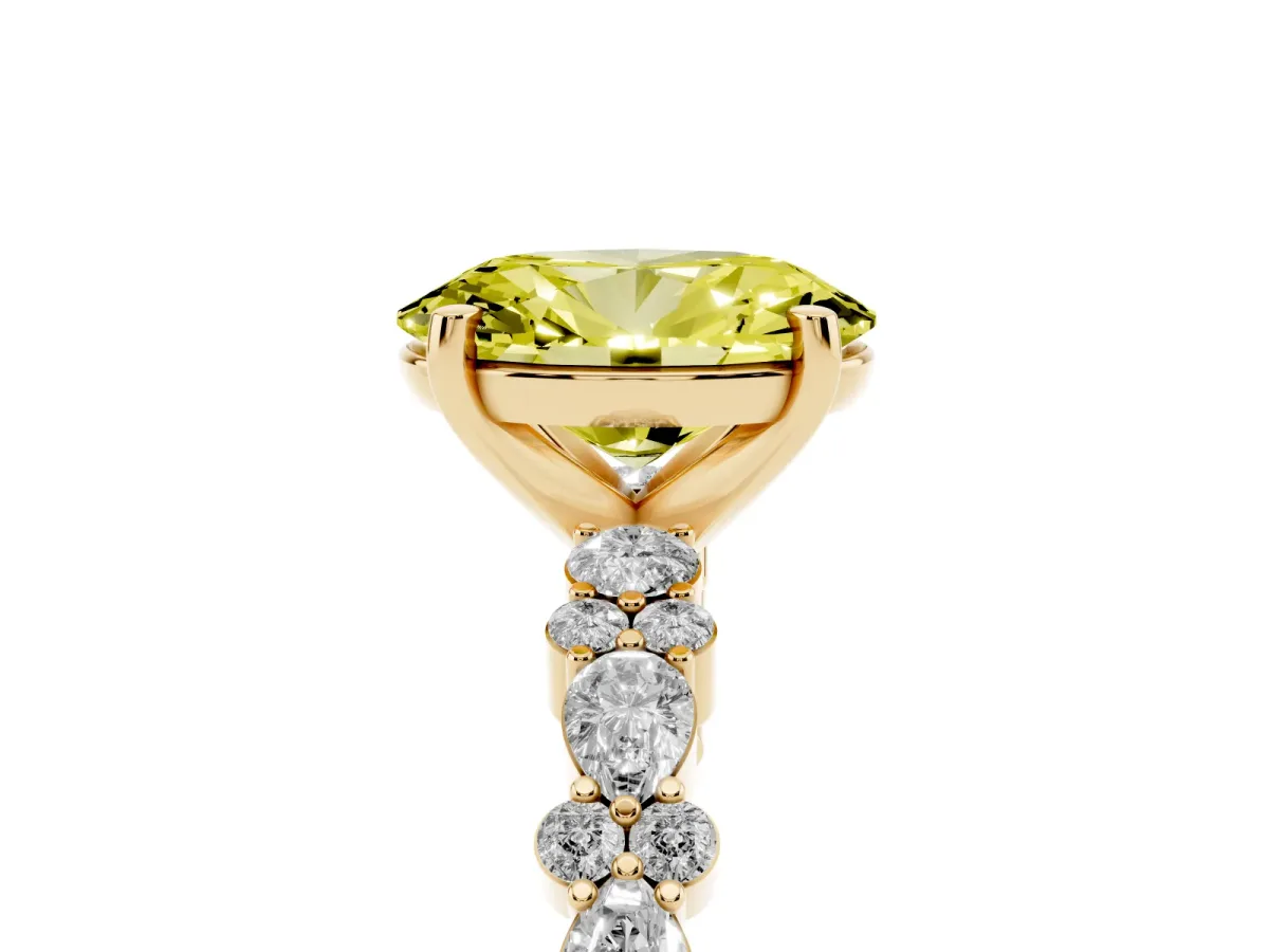Fancy Yellow Oval Cut Diamond Side Stone Solitaire Ring with Round and Four-Prong Setting Yellow gold