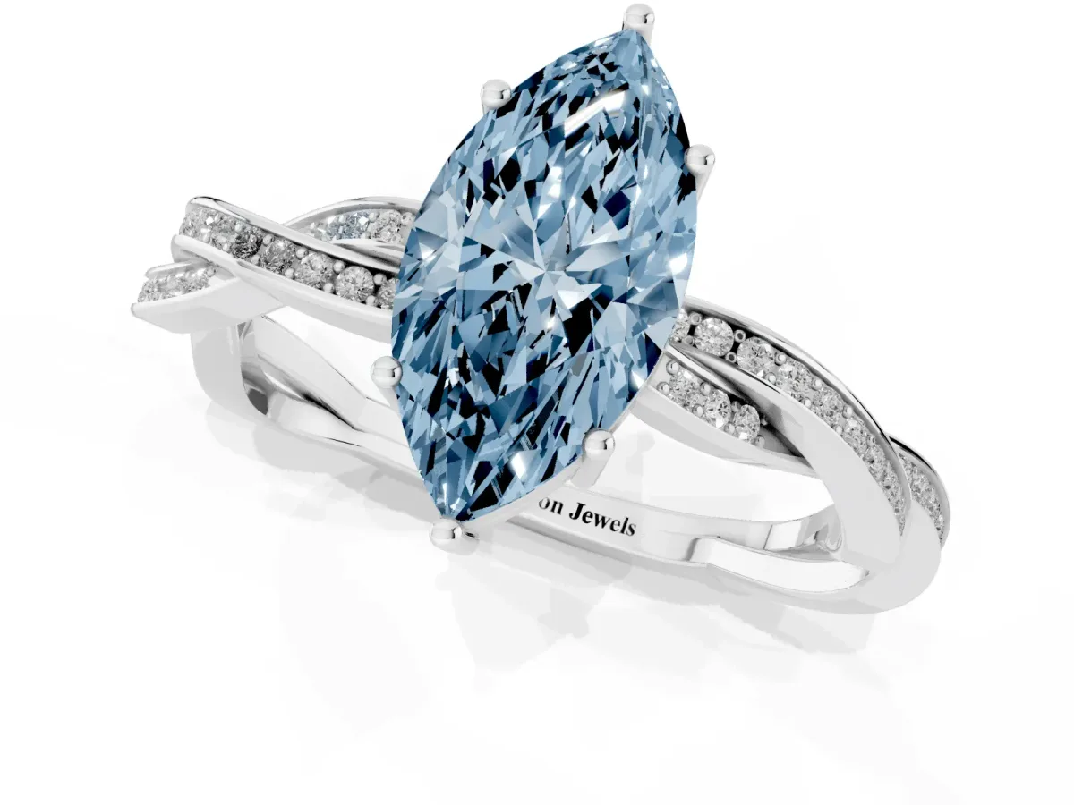 Fancy Blue Marquise Cut Solitaire Twisted Pave Diamond Ring with Four-Prong Setting Silver