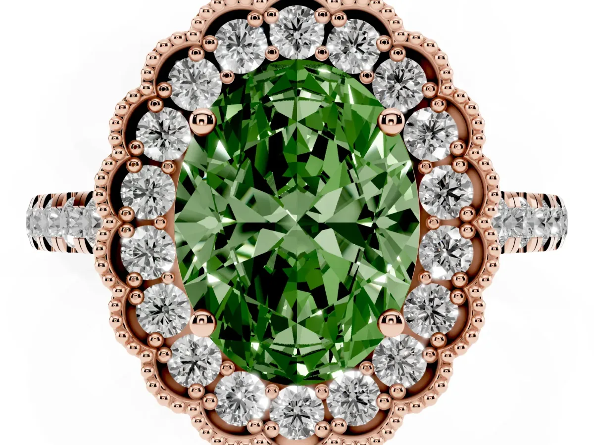 Fancy Green Oval Cut Cut Diamond Milgrain Floral Halo Engagement Ring with Pavé Band Rose gold