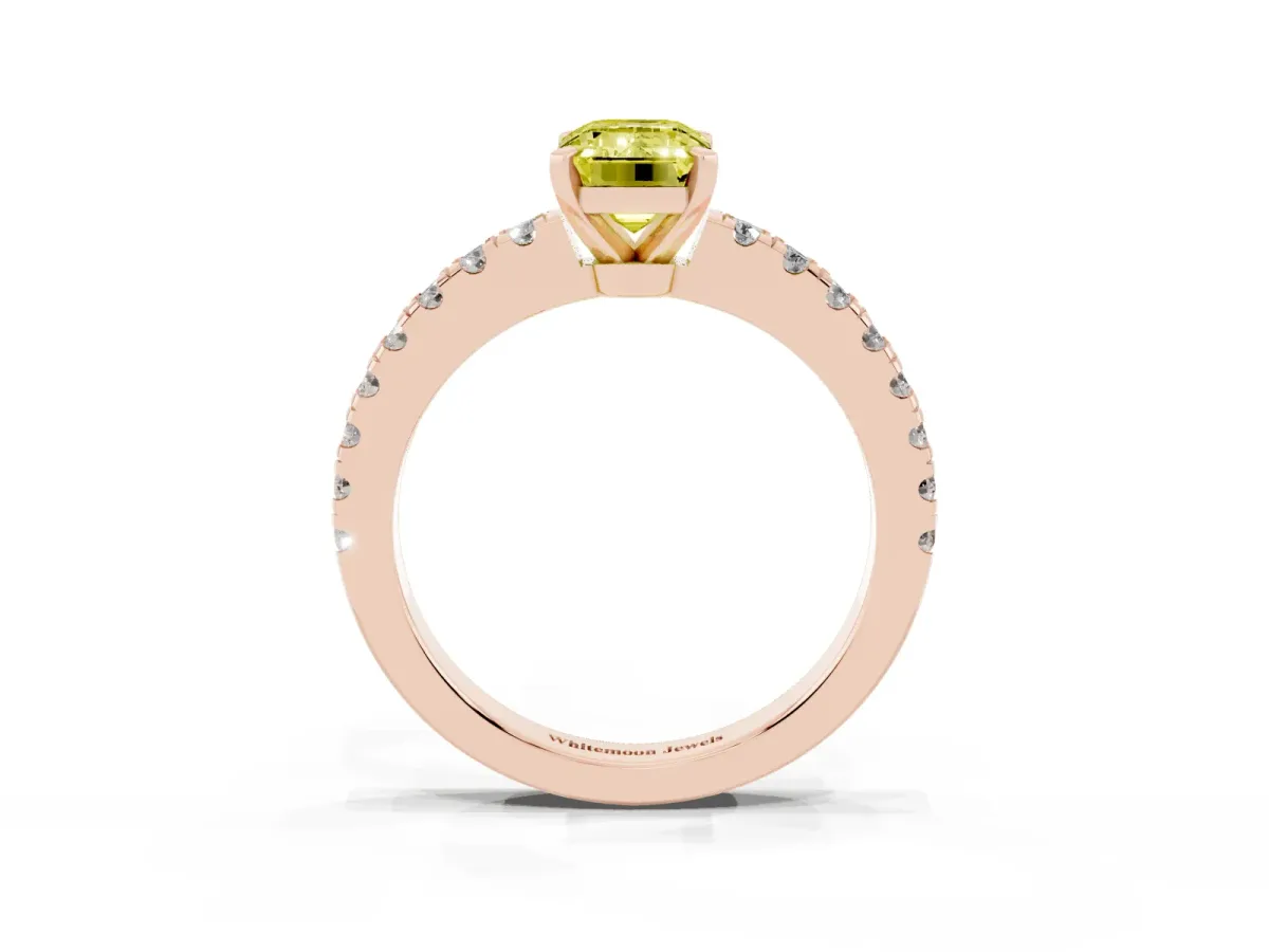 Fancy Yellow Emerald Cut Solitaire Diamond with Pavé Band and Four-Prong Setting Rose gold