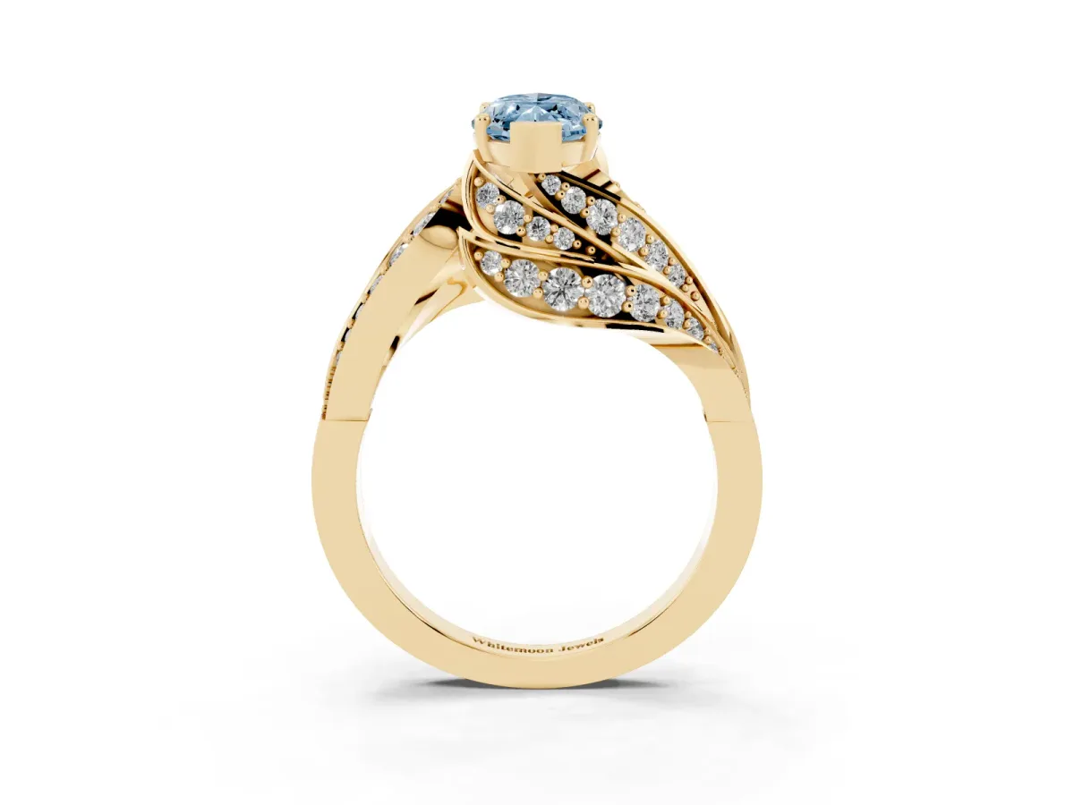 Fancy Blue Marquise Cut Diamond Solitaire Ring with Prong Setting and Twisted Pavé Band Yellow gold
