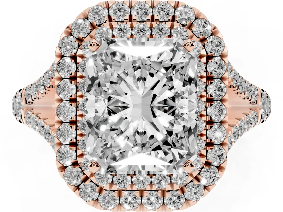 Radiant Cut Cut Double Halo Split Shank Diamond Ring with Prong Setting Rose gold