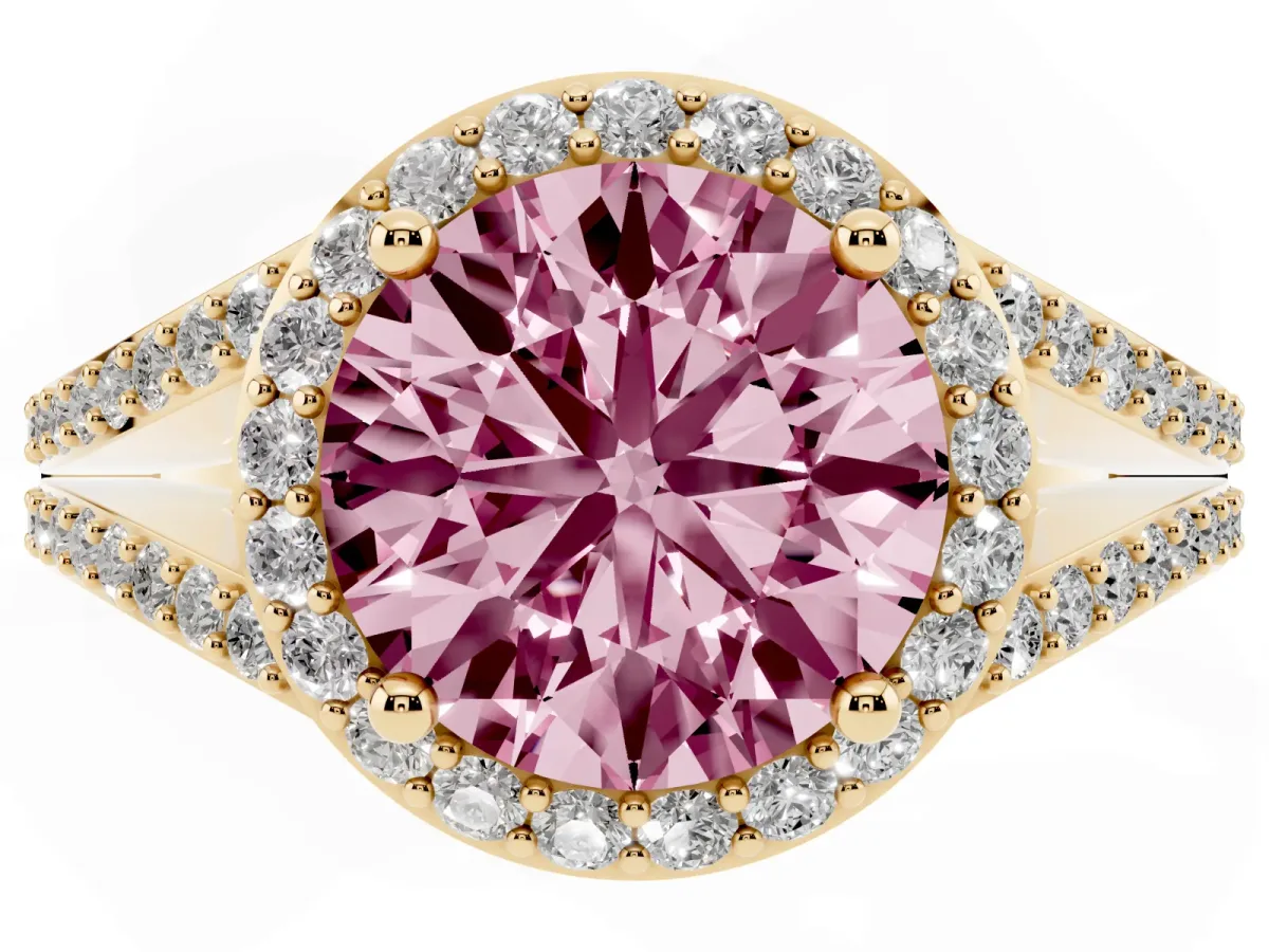 Fancy Pink Round Cut Halo Split Shank Pave Diamond Ring with Four-Prong Setting Yellow gold