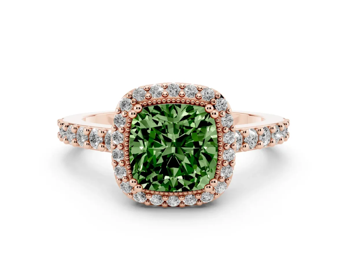 Fancy Green Cushion Cut Cut Diamond Halo Engagement Ring with Milgrain Detail and Pavé Band Rose gold