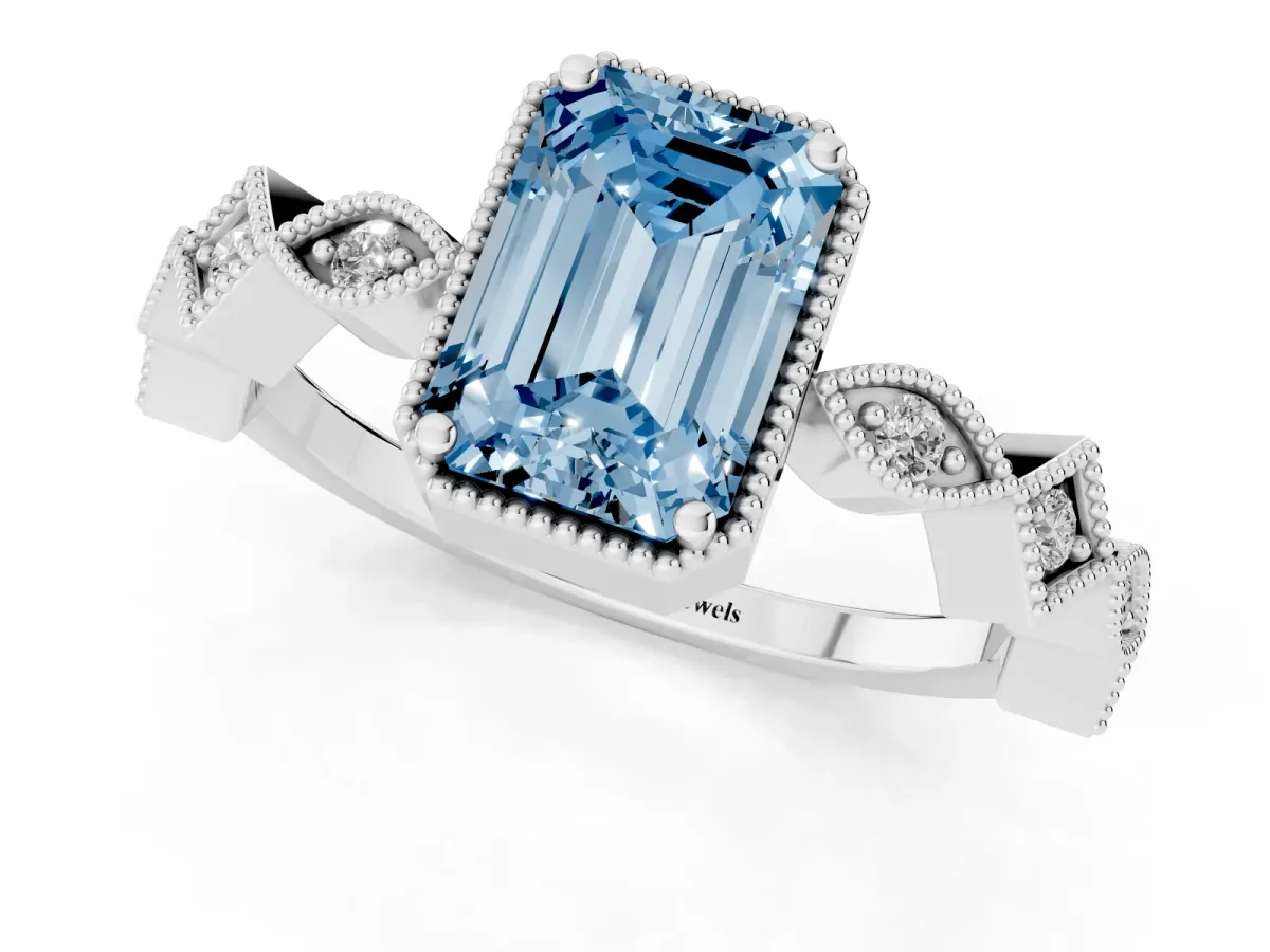 Fancy Blue Emerald Cut Milgrain Marquise Diamond Twist Band Ring Platinum