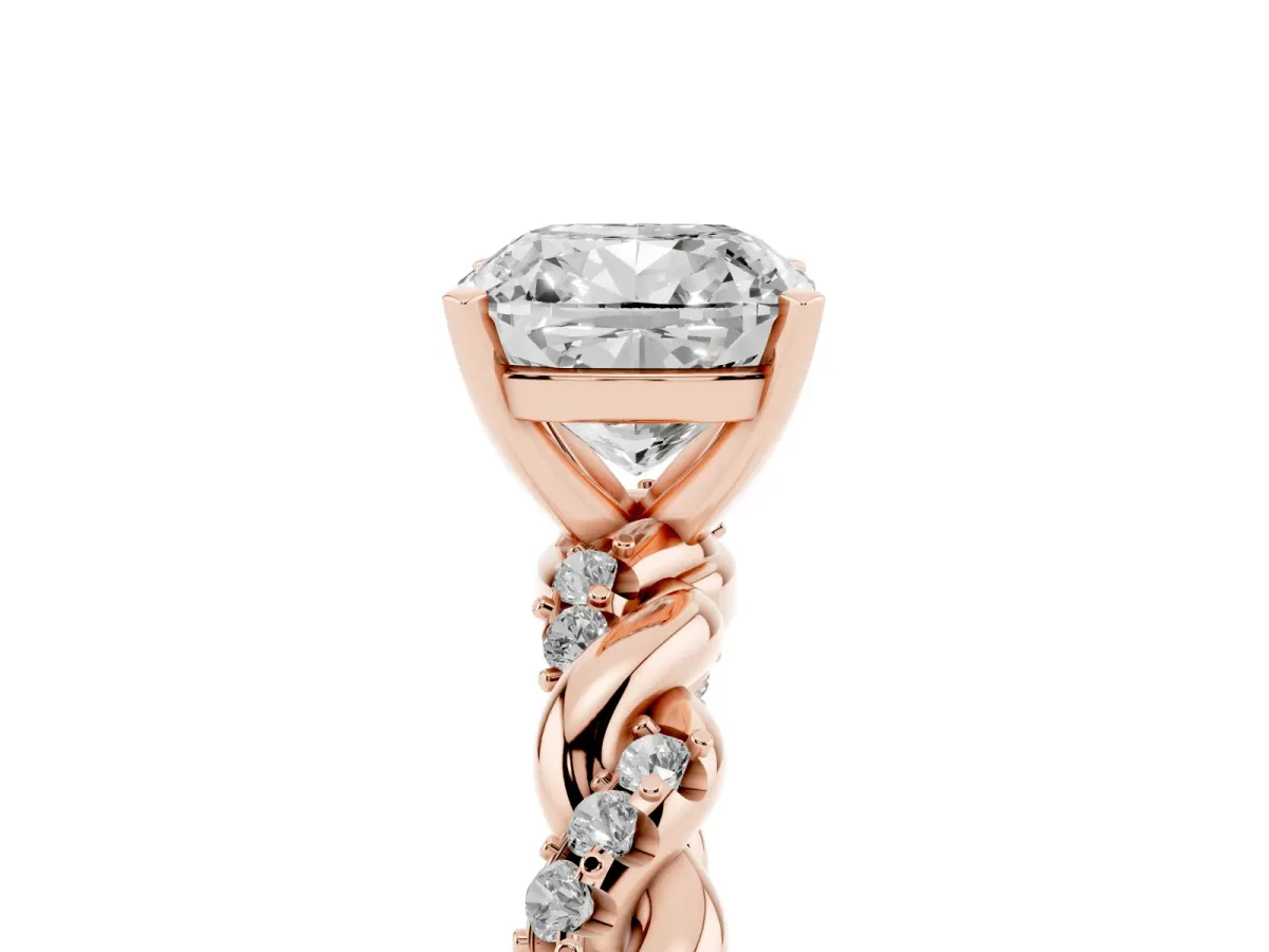 Cushion Cut Diamond Solitaire Ring with Twisted Band and Pavé Accents Rose gold