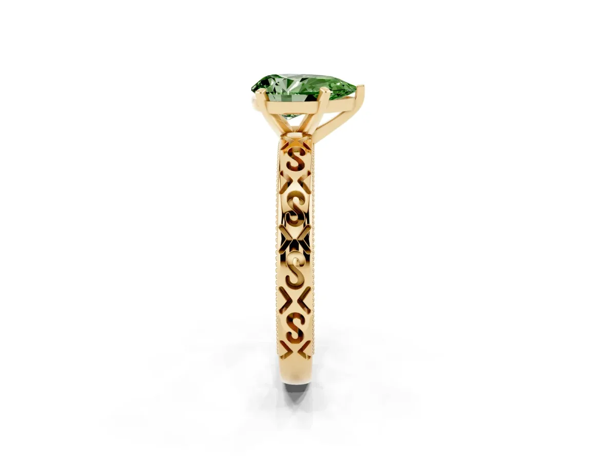 Fancy Green Pear Cut Solitaire Engagement Ring with Scrollwork Band and Four-Prong Setting Yellow gold