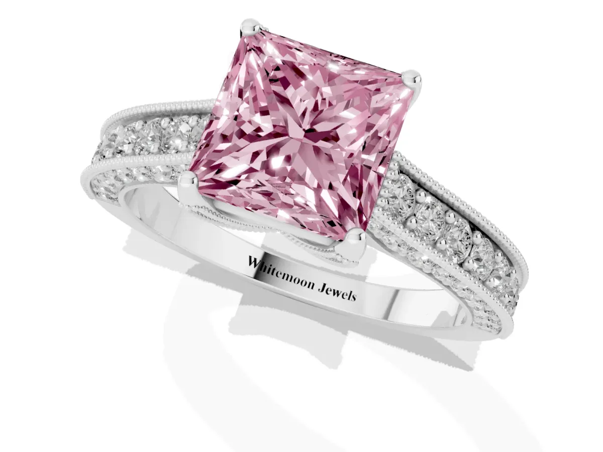 Fancy Pink Princess Cut Cut Diamond Solitaire Ring with Milgrain Pave Band and Four Prong Setting Silver