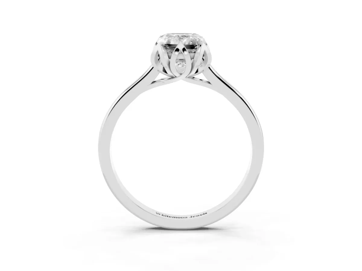 Emerald Cut Diamond Solitaire Ring with Flower Prong Setting and Classic Band Platinum