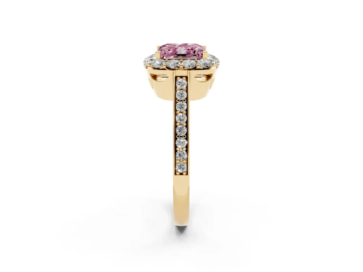 Fancy Pink Princess Cut Diamond Floral Halo Ring with Pavé Band and Prong Setting Yellow gold