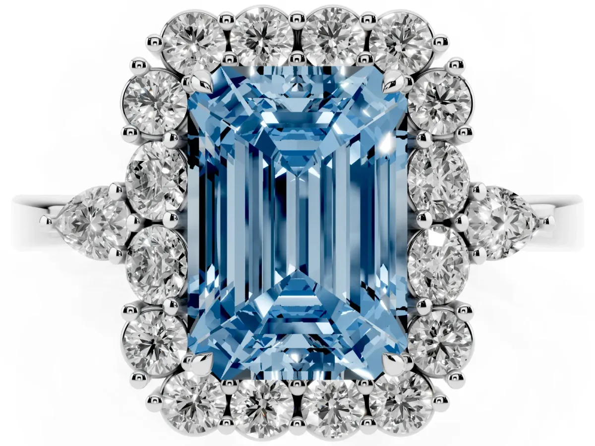 Fancy Blue Emerald Cut Diamond Halo Ring with Pear Side Stones and Prong Setting Platinum