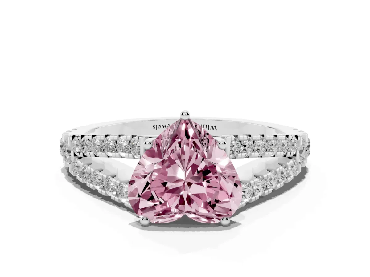 Fancy Pink Heart Cut Diamond Split Shank Pavé Engagement Ring with Four-Prong Setting Platinum