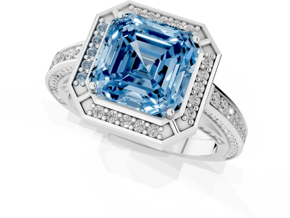 Fancy Blue Asscher Cut Cut Halo Pave Split Shank Prong Setting Ring Platinum