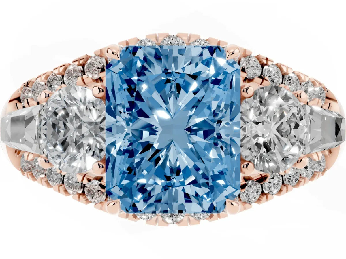 Fancy Blue Three-Stone Radiant Cut Diamond Engagement Ring with Pave Band and Prong Setting Rose gold