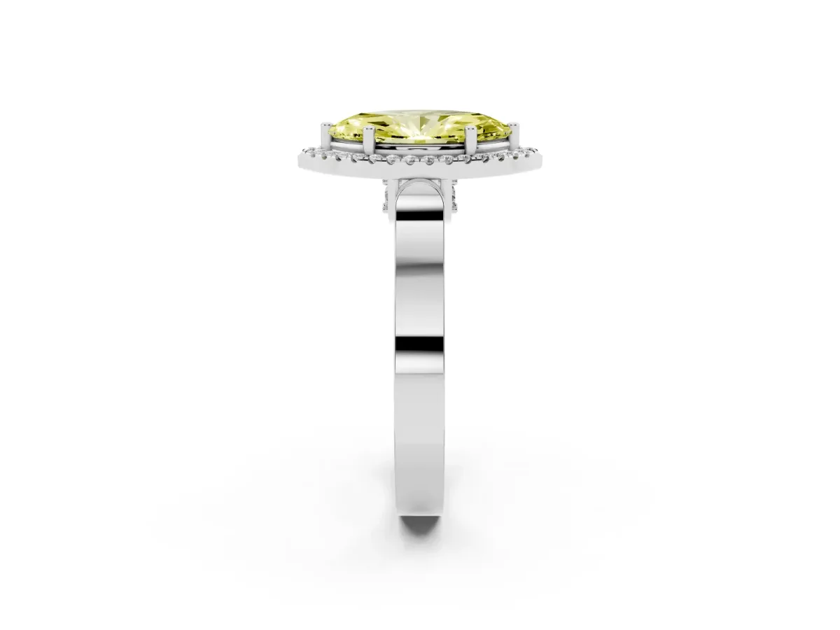 Fancy Yellow Marquise Cut Halo Round Diamond Twist Band with Four-Prong Setting Platinum