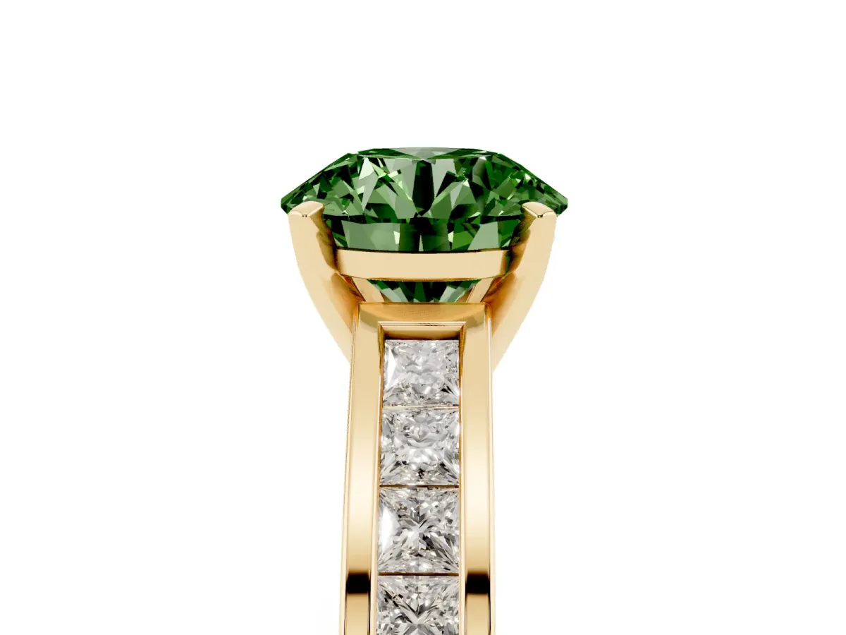 Fancy Green Round Cut Solitaire Diamond Ring with Channel-Set Band and Four-Prong Setting Yellow gold