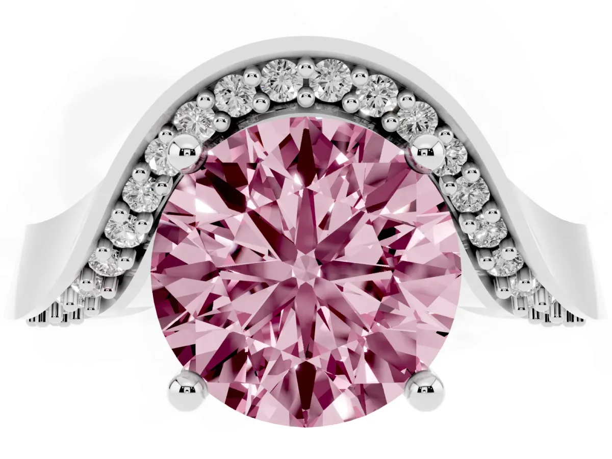 Fancy Pink Round Cut Solitaire Diamond Engagement Ring with Pave Band and Four-Prong Setting Platinum