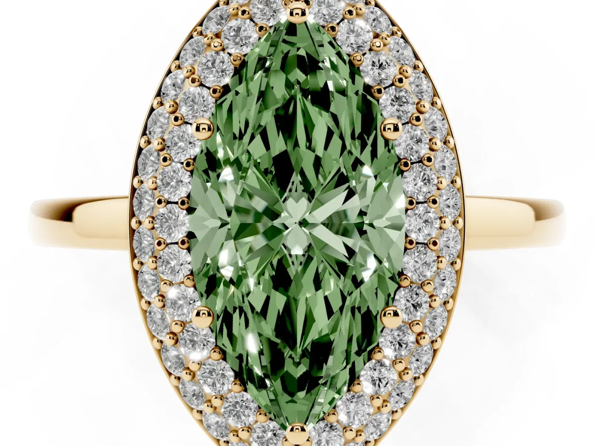 Fancy Green Marquise Cut Halo Diamond Engagement Ring with Solitaire Band and Four-Prong Setting Yellow gold