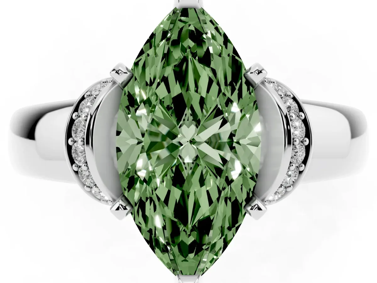 Fancy Green Marquise Cut Solitaire Diamond Ring with Pave Band and Six-Prong Setting Silver
