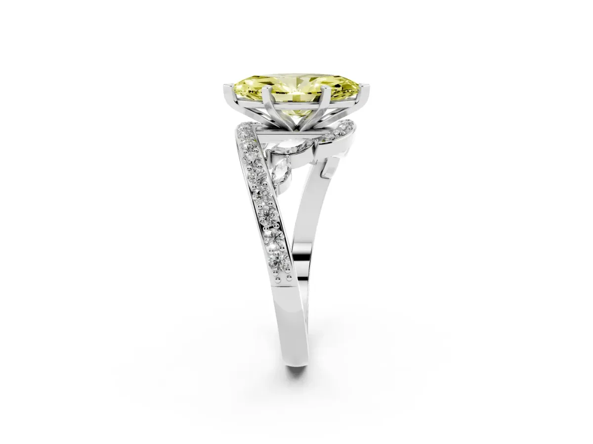 Fancy Yellow Marquise Cut Solitaire with Pavé Twist Band and Four-Prong Setting Platinum