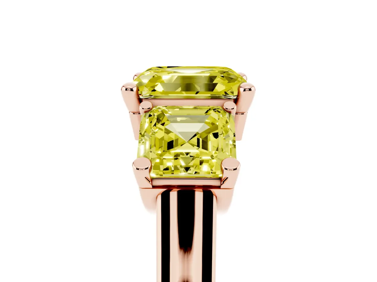 Fancy Yellow Three-Stone Asscher Cut Brilliant Diamond Trellis Ring with Comfort Fit Band Rose gold
