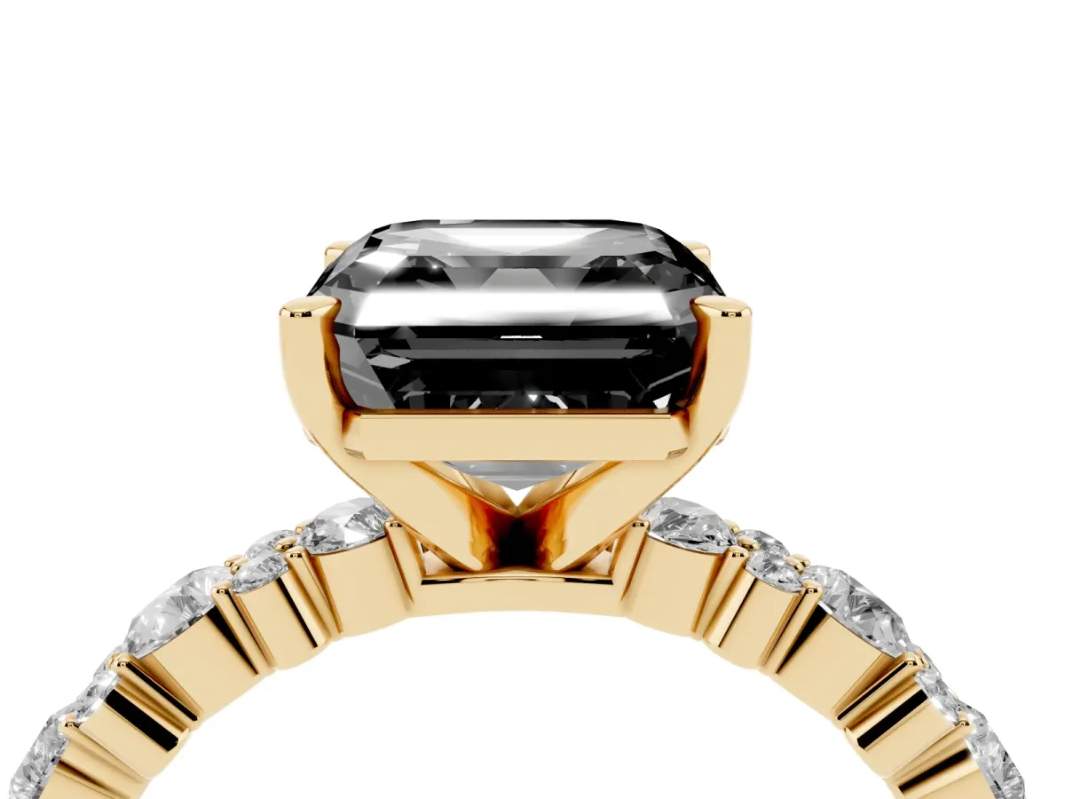 Fancy Black Asscher Cut Diamond Side Stone Solitaire Ring with Round and Four-Prong Setting Yellow gold