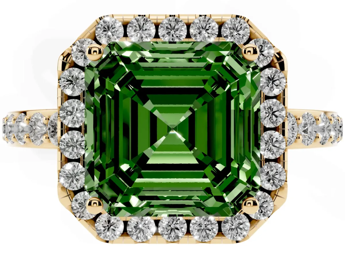 Fancy Green Asscher Cut Halo Diamond Pavé Band Ring with Prong Setting Yellow gold