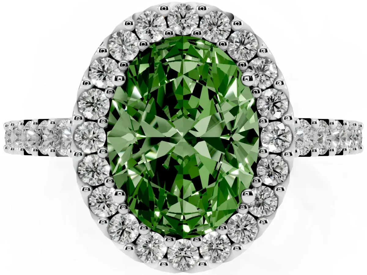 Fancy Green Oval Cut Halo Diamond Pavé Solitaire Ring White gold