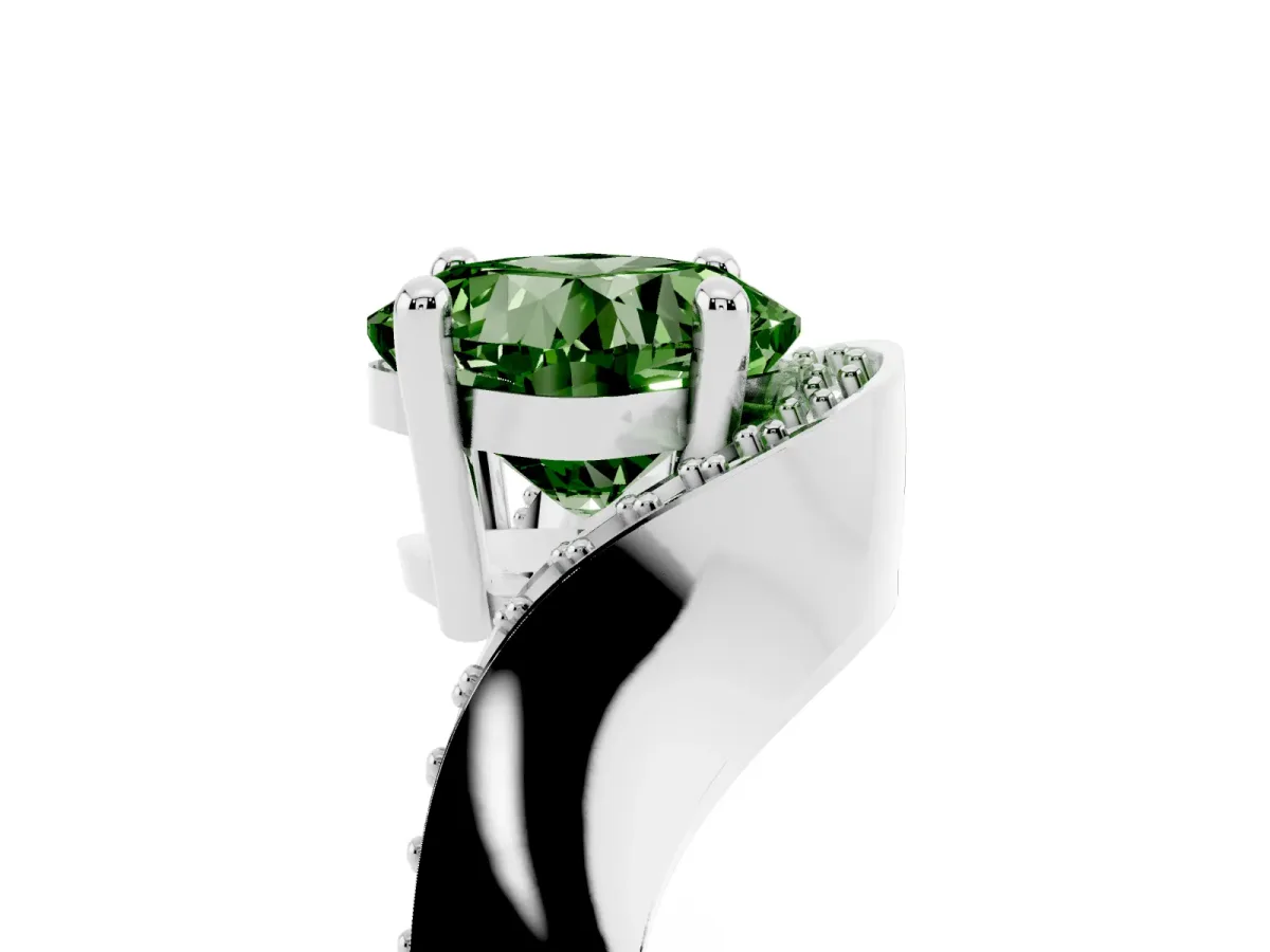 Fancy Green Cushion Cut Solitaire Diamond Engagement Ring with Pave Band and Four-Prong Setting White gold