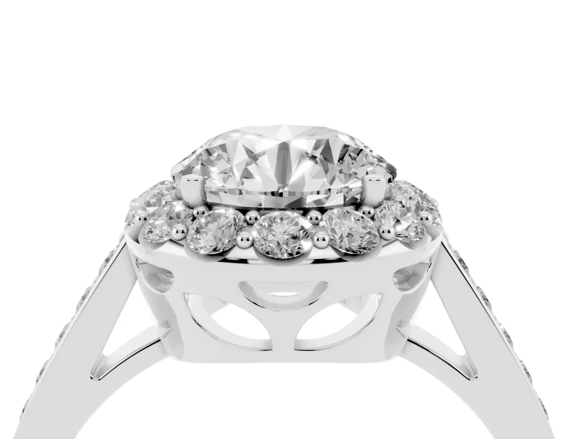 Round Cut Diamond Floral Halo Ring with Pavé Band and Prong Setting White gold