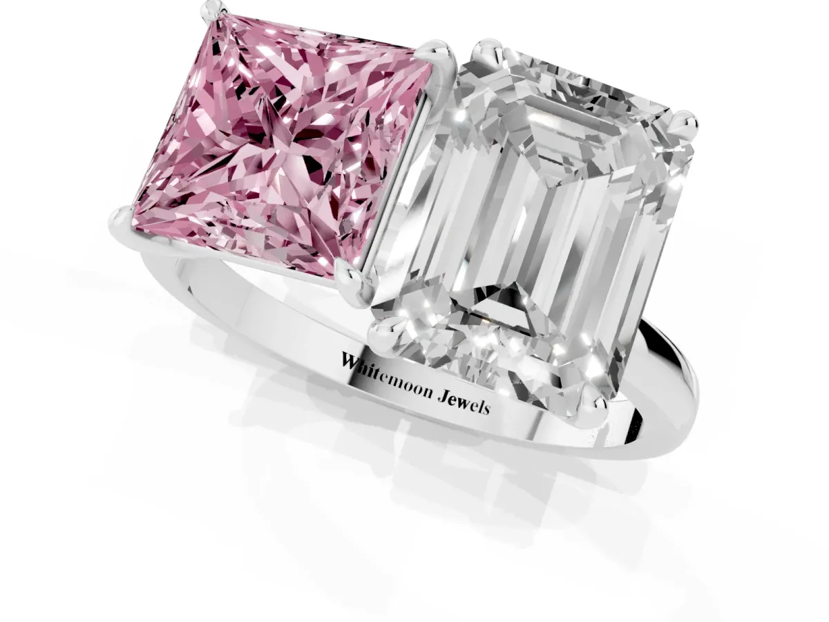 Fancy Pink Princess Cut and Emerald Cut Toi Moi Ring with Prong Setting Silver