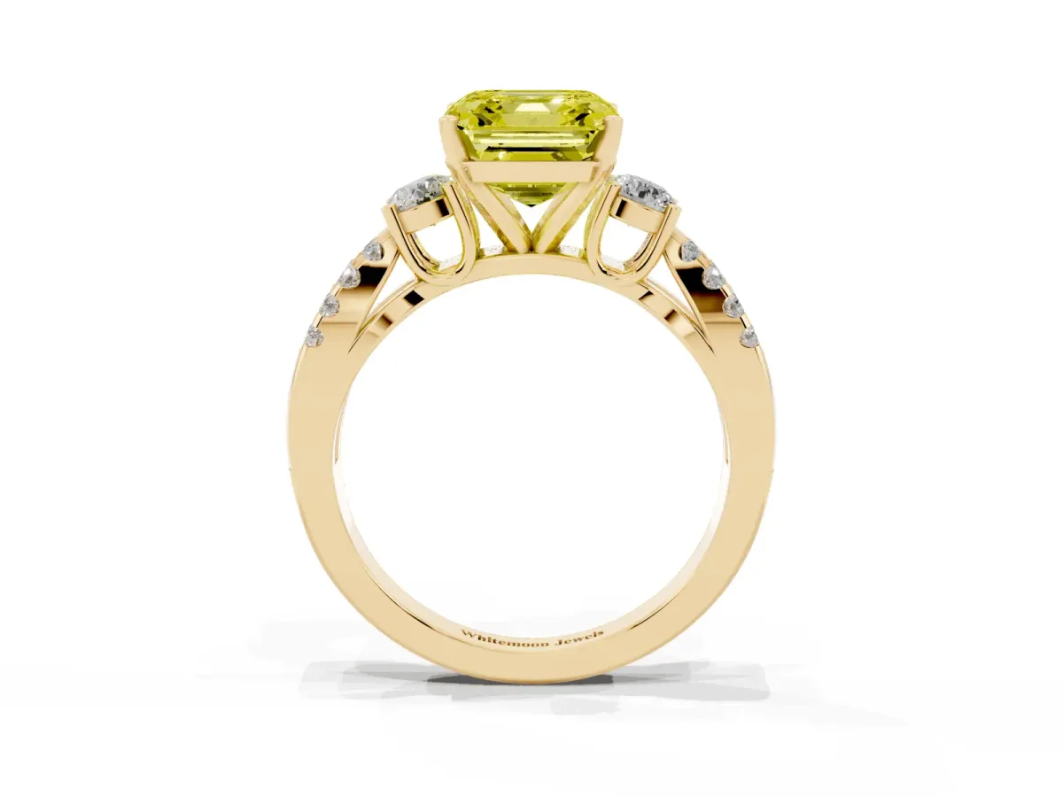 Fancy Yellow Asscher Cut Diamond Three-Stone Ring with Pavé Split Shank and Four-Prong Setting Yellow gold