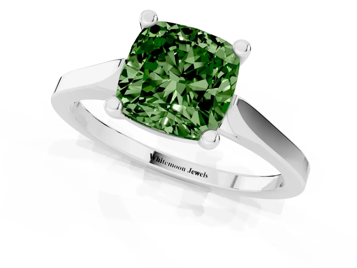 Fancy Green Cushion Cut Solitaire Diamond Ring with Four-Prong Setting and Tapered Band White gold