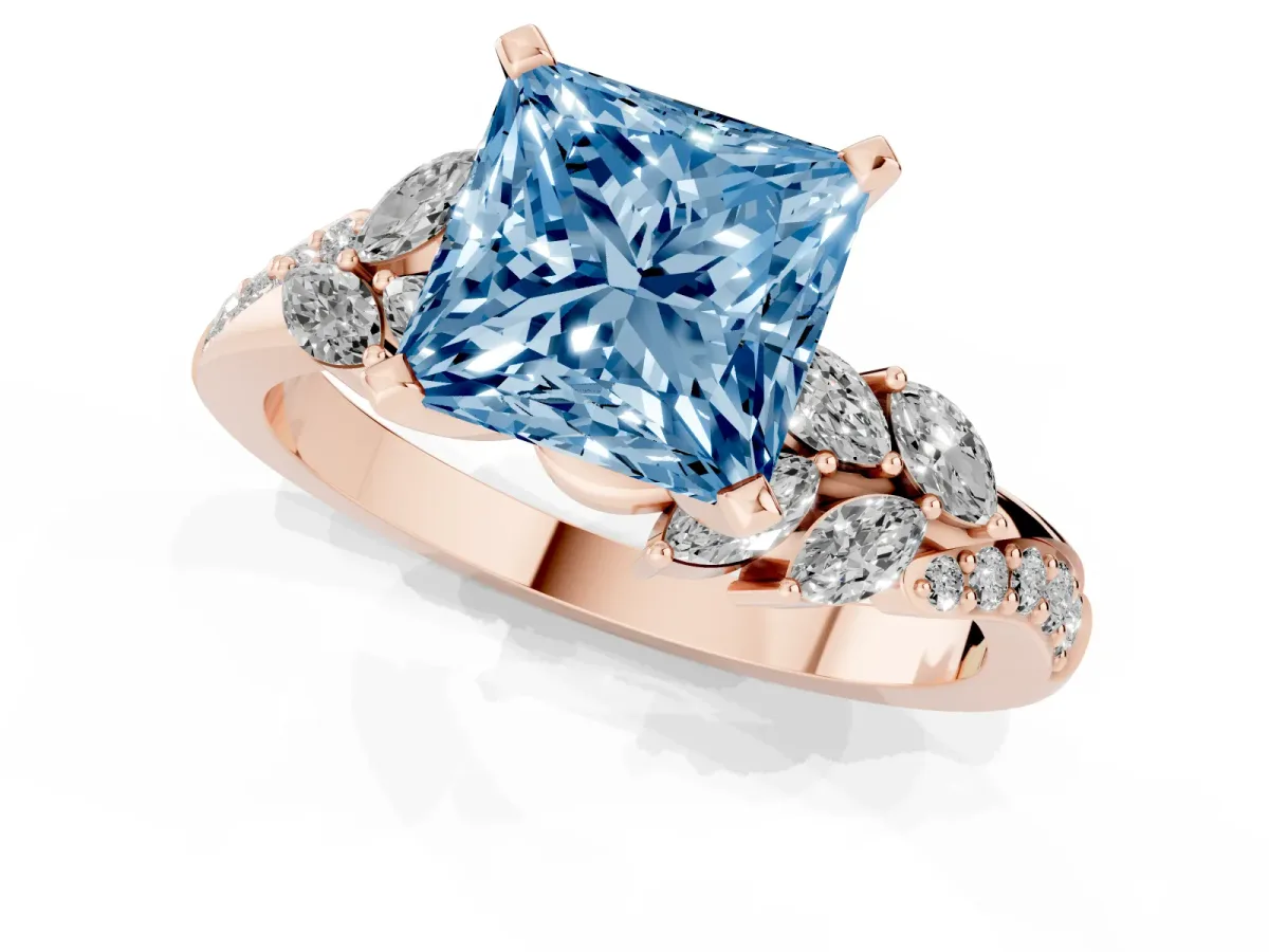 Fancy Blue Princess Cut Solitaire Marquise Twist Band with Six-Prong Setting Rose gold