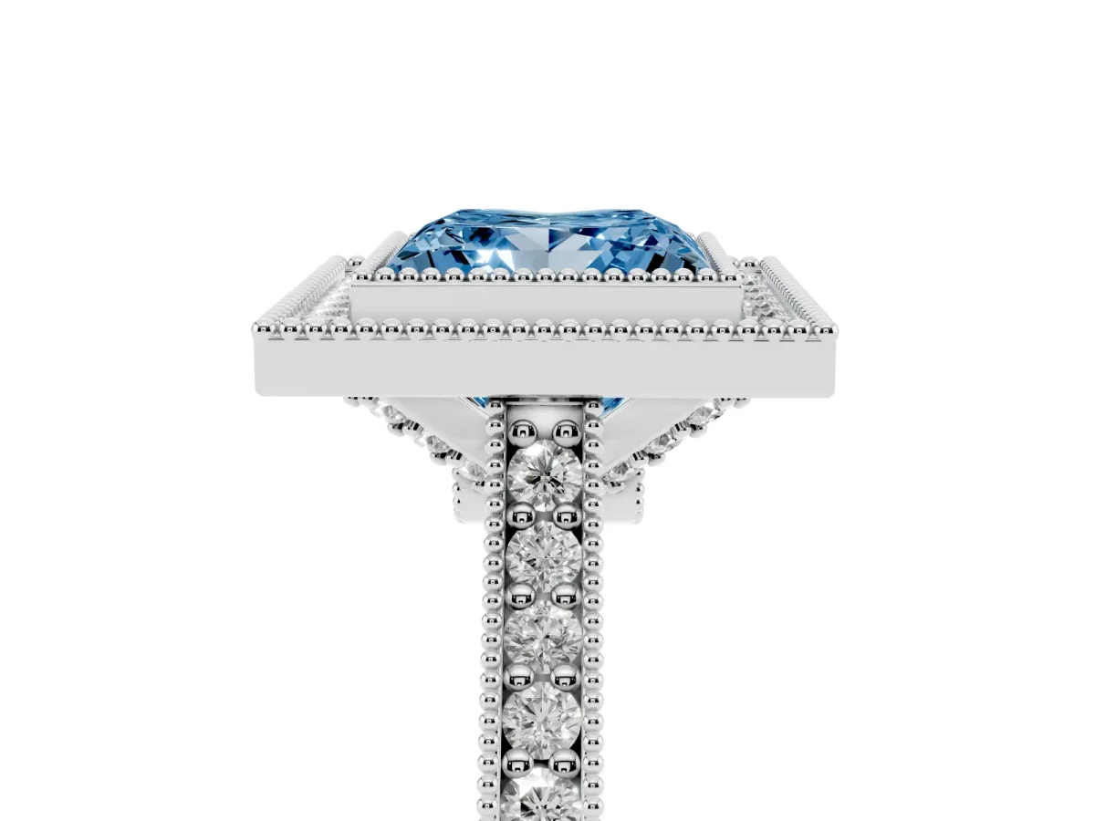 Fancy Blue Halo Princess Cut-Cut Diamond Pave Band Milgrain Prong Setting Ring Silver
