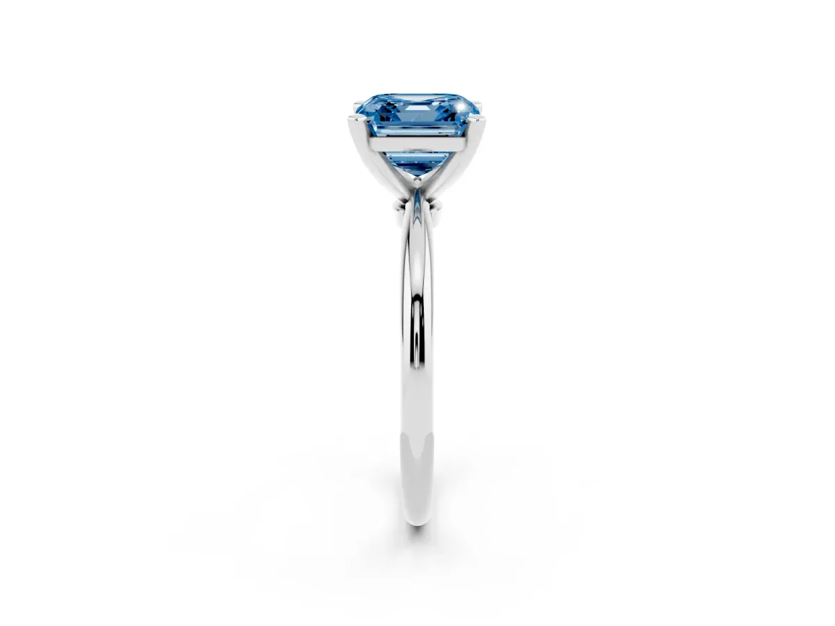 Fancy Blue Asscher Cut Diamond Solitaire Ring with Prong Setting and Classic Band Platinum