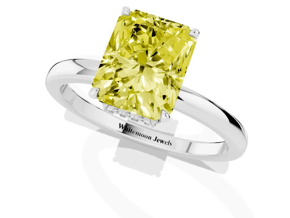 Fancy Yellow Radiant Cut Solitaire Engagement Ring with Cathedral Band and Four-Prong Setting Silver