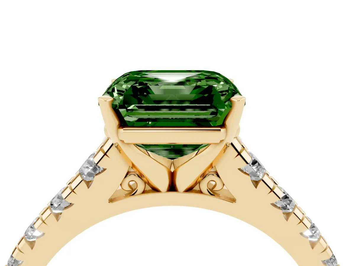 Fancy Green Asscher Cut Diamond Cathedral Solitaire Ring with Round Pavé Band Yellow gold
