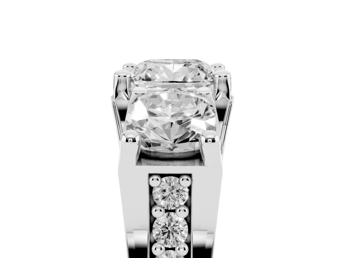 Cushion Cut Diamond Three-Stone Ring with Channel Set Band and Four-Prong Setting Silver